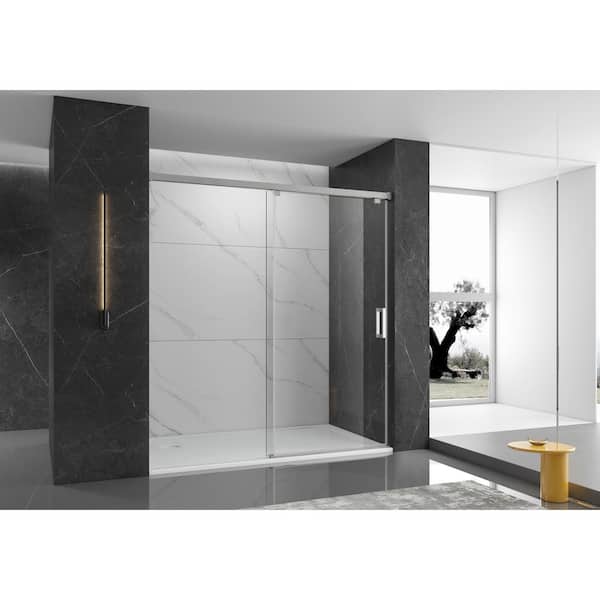 EPOWP 48 in. W x 76 in. H Single Sliding Frameless Shower Door in Brushed Finish with Clear Glass