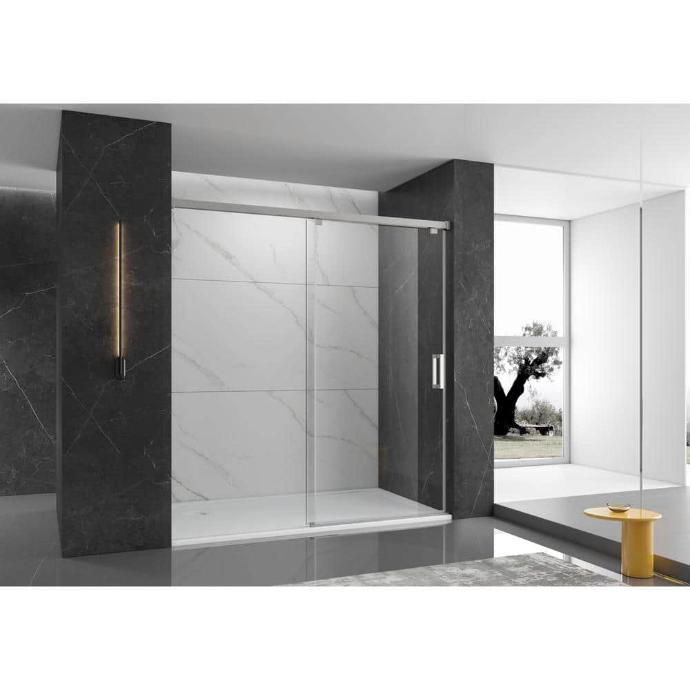 60 in. W x 76 in. H Single Sliding Frameless Shower Door in Brushed Finish 
