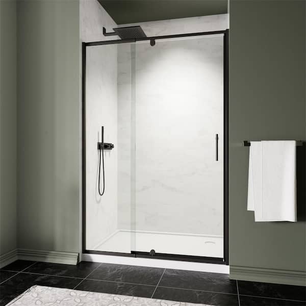 44-48 in. W x 71 in. H Pivot Swing Framed Shower Door in Matte Black with Clear SGCC Tempered Glass