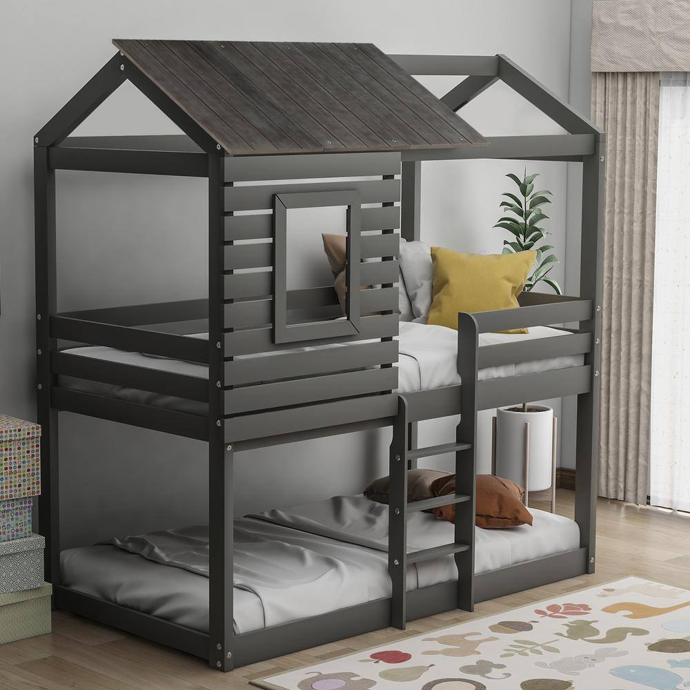 Harper & Bright Designs Gray Wood Frame Twin over Twin House Bunk Bed ...