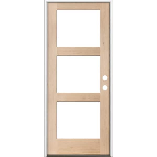 32 in. x 96 in. Modern Hemlock Left-Hand/Inswing 3-Lite Clear Glass Unfinished Wood Prehung Front Door