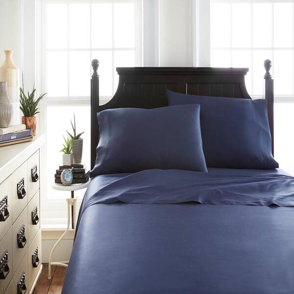 Becky Cameron Navy Solid 300 Thread Count Rayon From Bamboo Queen Sheet Set-IEH-4PC-BAM-Q-NA - The Home Depot