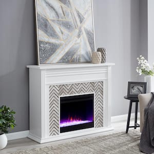 Merrin Tiled Marble Color Changing 50 in. Electric Fireplace in White and Gray