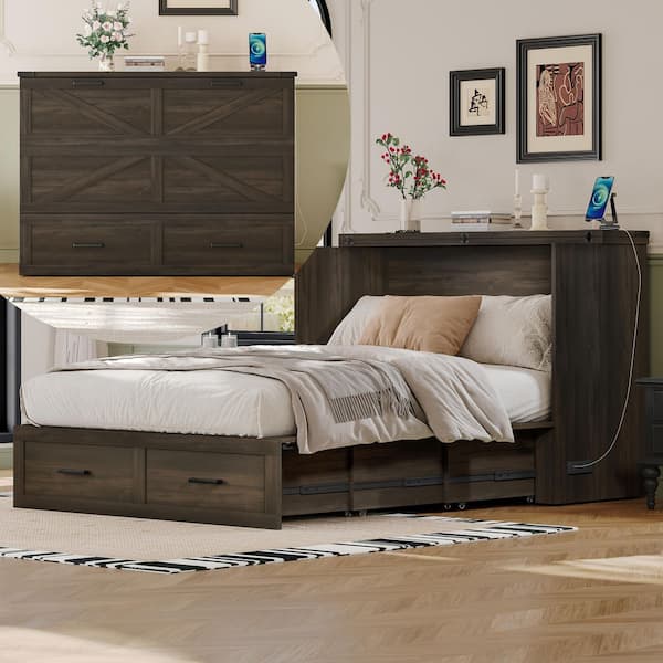 Rustic Gray Wood Frame Full Farmhouse Murphy Bed with Charging Station, Foldable Cabinet Bed with Large Storage Drawer