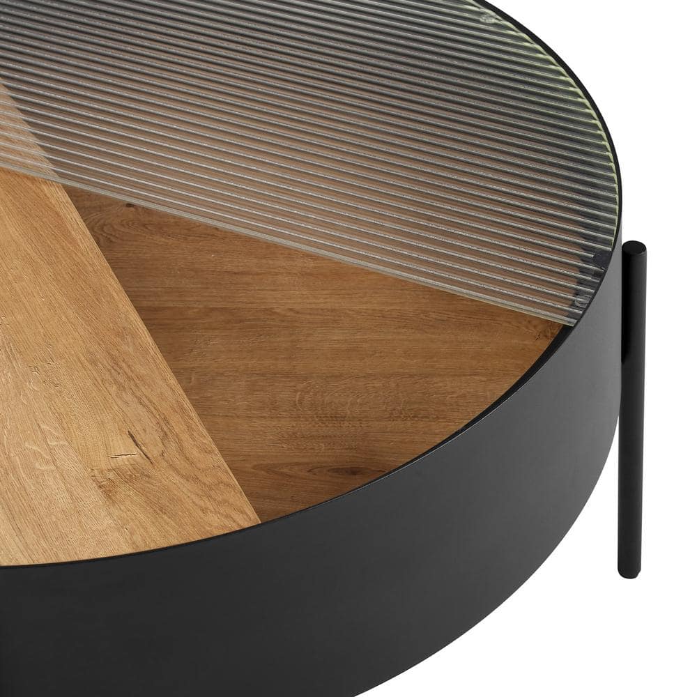33'' Black English Oak and Fluted Glass Round Coffee Table
