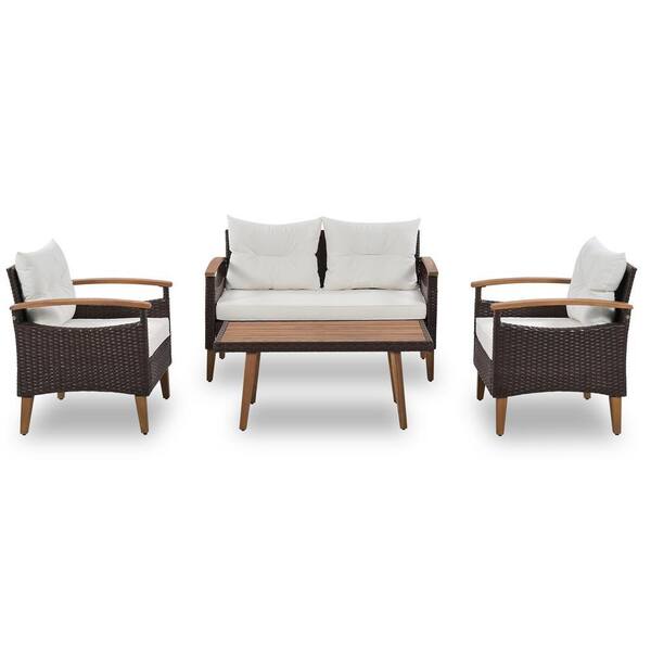 Sudzendf Brown 4-Piece Wood and Wicker Patio Conversation Set with ...