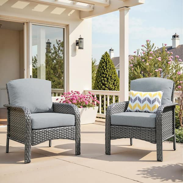 Gray Wicker Single Outdoor Lounge Chair Patio Single Dinging Chair with Dark Gray Cushion for Deck, Porch (2-Pack)