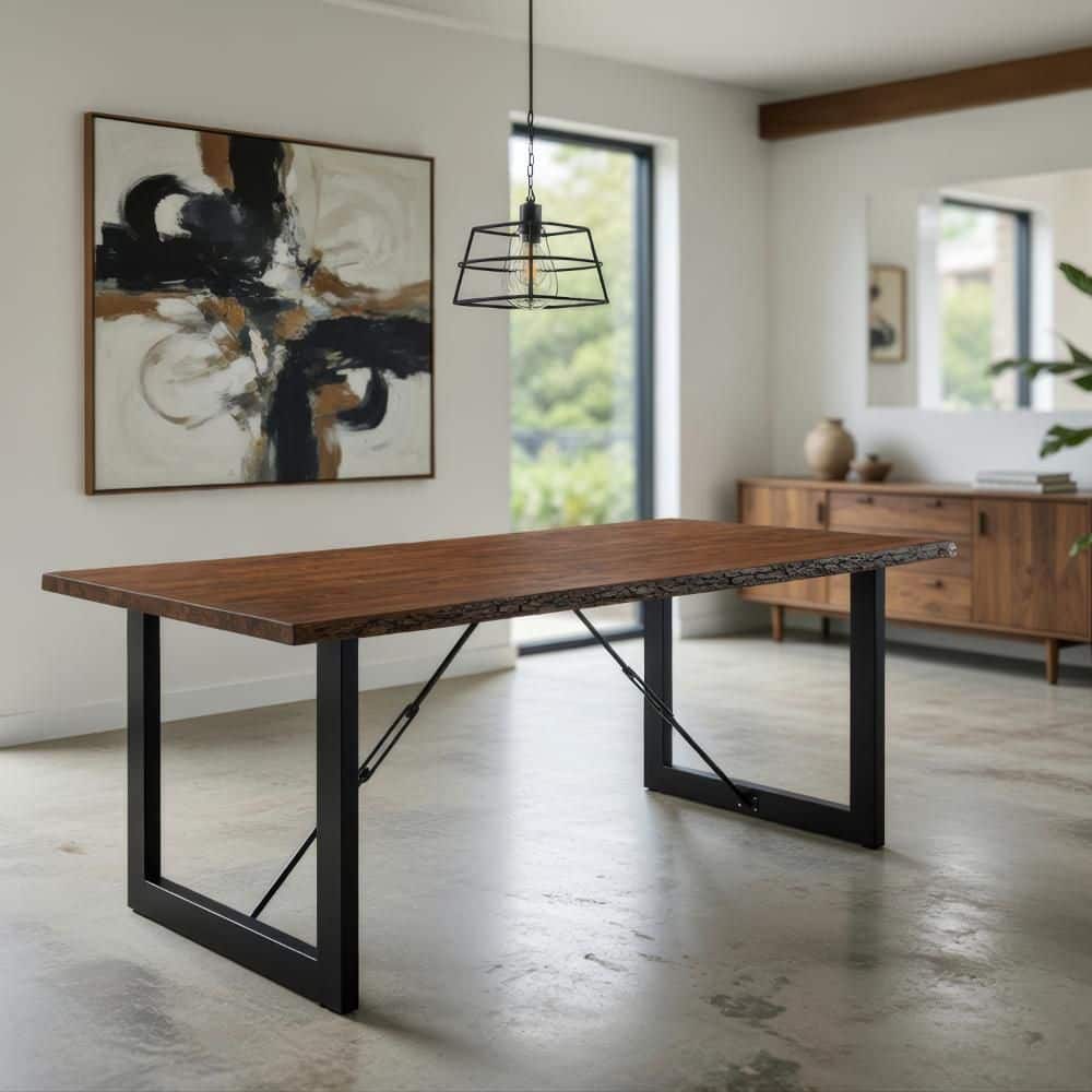 Benjara 70.875 in. Brown and Black Wood Top Trestle Dining Table ...