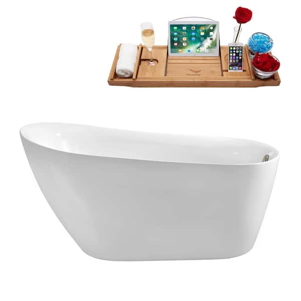 59 in. Acrylic Flatbottom Non-Whirlpool Bathtub in Glossy White with Brushed Nickel Drain and Overflow Cover