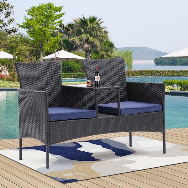 Unbranded Coffee Wicker Outdoor Patio Loveseat All Weather Patio Conversation Set with Blue Cushions & Built-in Glass Coffee Table