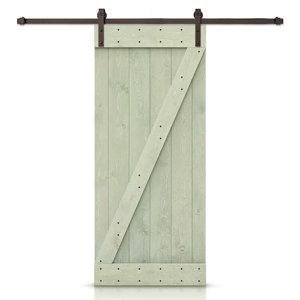 CALHOME Z Bar Series 36 in. x 84 in. Pre-Assembled Sage Green Stained Wood Interior Sliding Barn Door with Hardware Kit