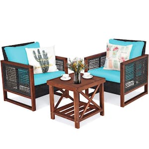 3-Pieces Wicker Outdoor Patio Conversation Set with Wooden Frame and Turquoise Cushion