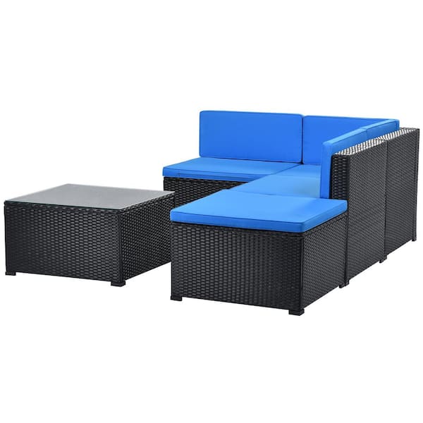 GOSHADOW Black 5-Piece Wicker Patio Conversation Sectional Seating Set with Blue Cushions