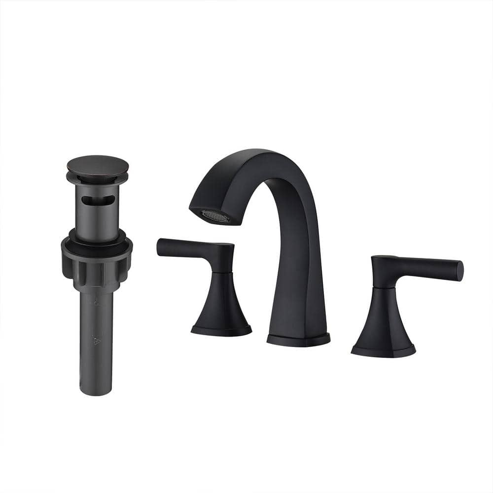 Modern 8 in. Widespread Double Handle 360° Swivel Spout Bathroom Faucet with Drain Kit Included in Matte Black -  UPIKER, UP2307SFB0020