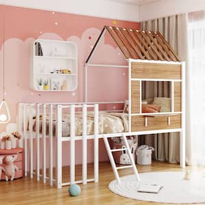 White and Brown Twin Size Metal House Low Loft Bed with Roof, Window, Guardrail, Sloping Mini Ladder