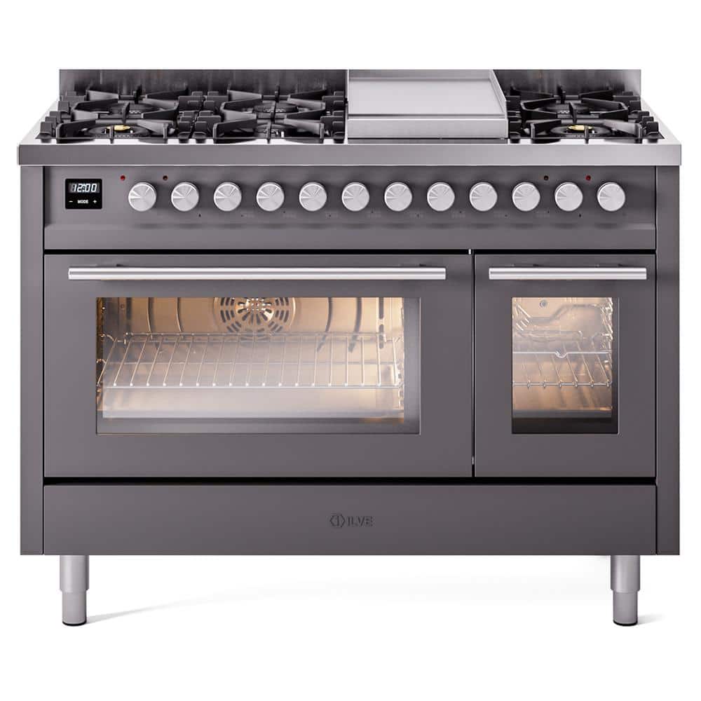 ILVE Professional Plus II 48 in. 8 Burner Griddle Freestanding Double