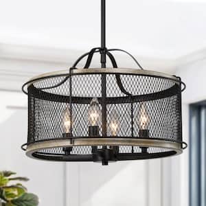 Eniso Modern Farmhouse Black Chandelier 4-Light Candlestick Island Mesh Cage Drum Chandelier with Faux Wood Accents