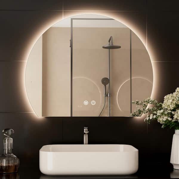 KeonJinn 30 in. W x 24 in. H Arched Frameless 3-Colors Dimmable Backlit LED Anti-Fog Wall Mount Bathroom Vanity Mirror