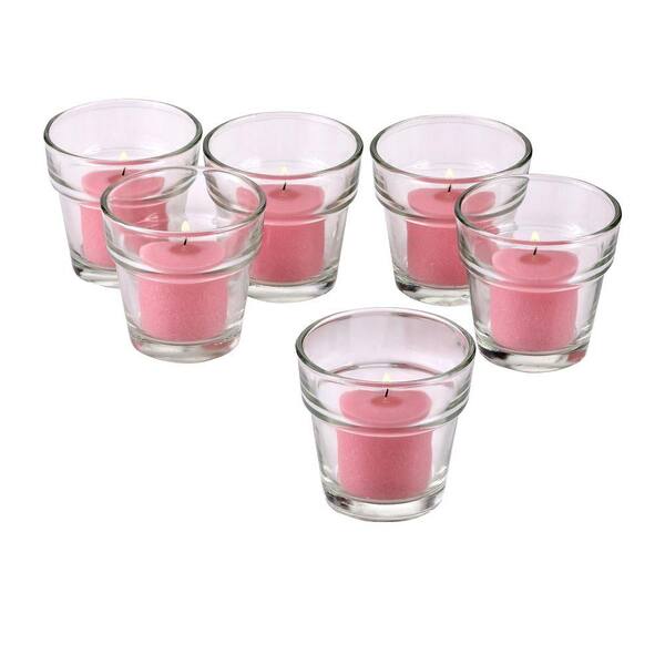 Light In The Dark Clear Glass Flower Pot Votive Candle Holders with Soft Pink Votive Candles (Set of 36)