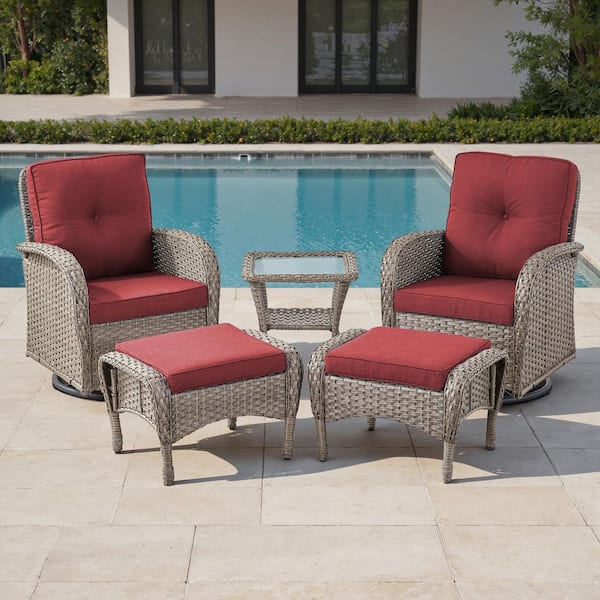 PlainCurve 5-Piece Gray Wicker Patio Conversation Set with Swivel Glider Chairs and  Olefin Red Cushions
