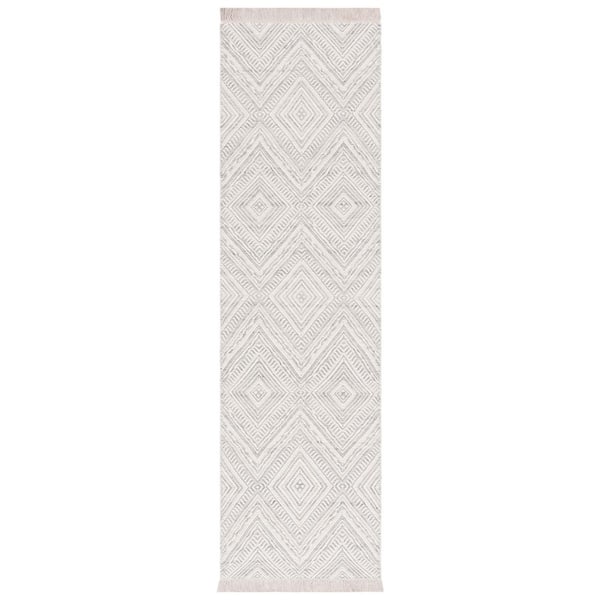 Kilim 2 ft. x 8 ft. Light Gray/Ivory Solid Diamond Fringe Runner Rug