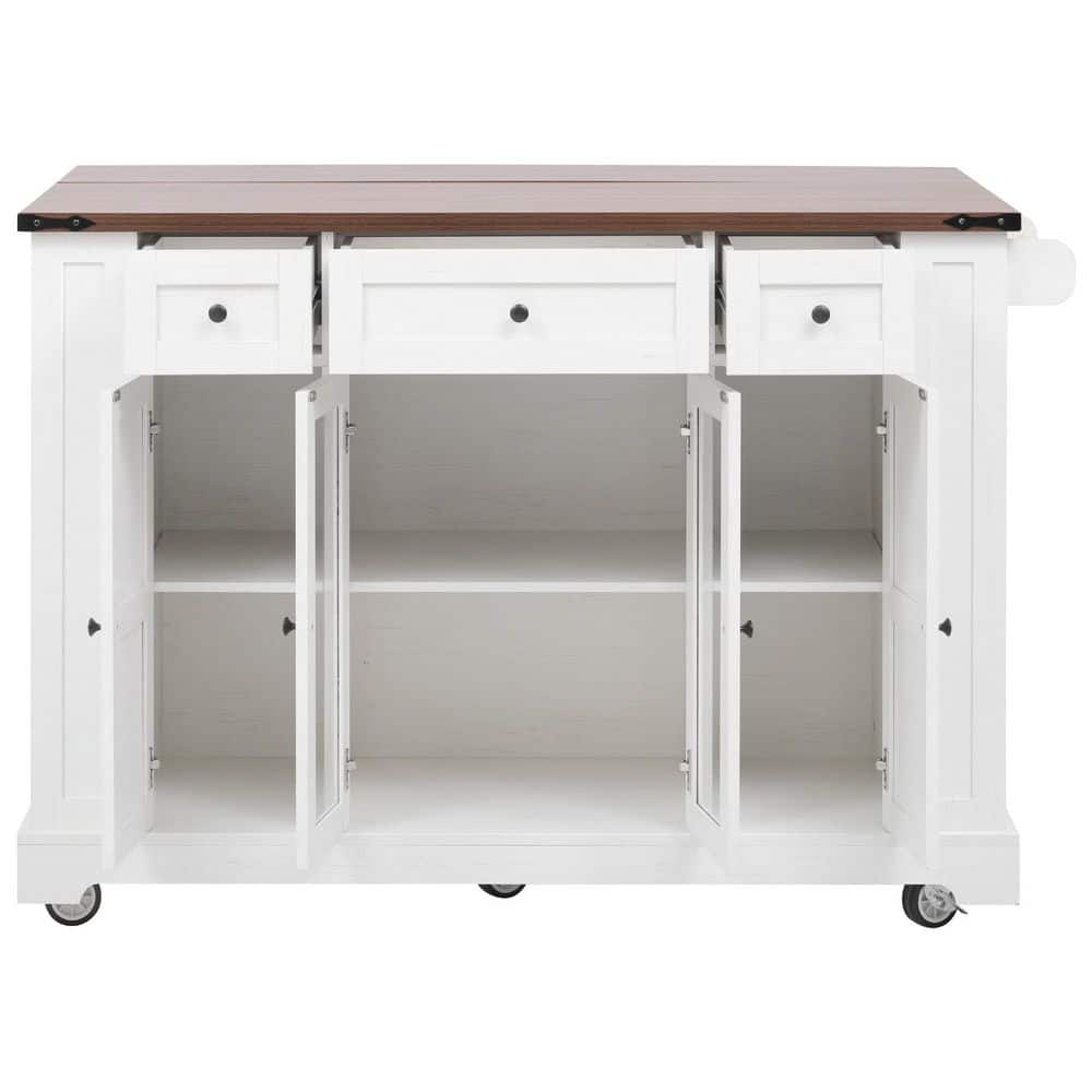 White Wood 53 in. Kitchen Island Cart with 2-Glass Doors, Drop Leaf, Power Outlet, 5-Wheels, 3-Drawers, 5-Open Side Rack price history on PriceWatchPro