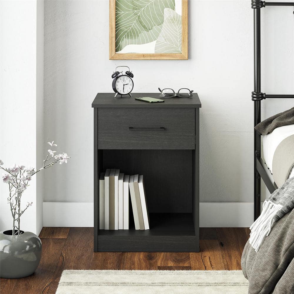 Black Oak 1-Drawer Nightstand with Open Shelf