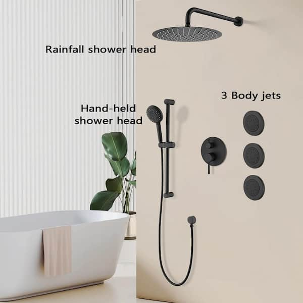 WELLFOR DT 12-in Rain Shower Head Wall Mount Matte Black Dual Head Waterfall Built-in Shower Faucet System with 2-Way Diverter Valve Included