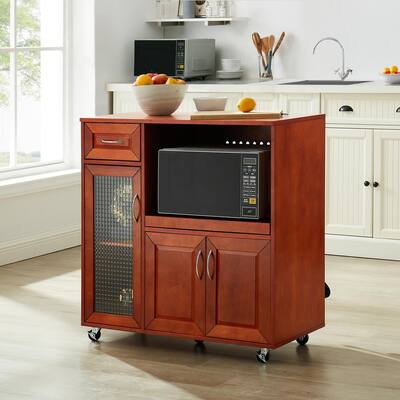 35.25 in. Walnut Microwave Cabinet Kitchen Cart with Adjustable Interior Shelves and Locking Wheels