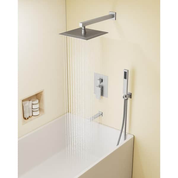 Double Handles 3-Spray 10 in. Wall Mount Shower Head Tub and Shower Faucet in Brushed Nickel (Valve Included)