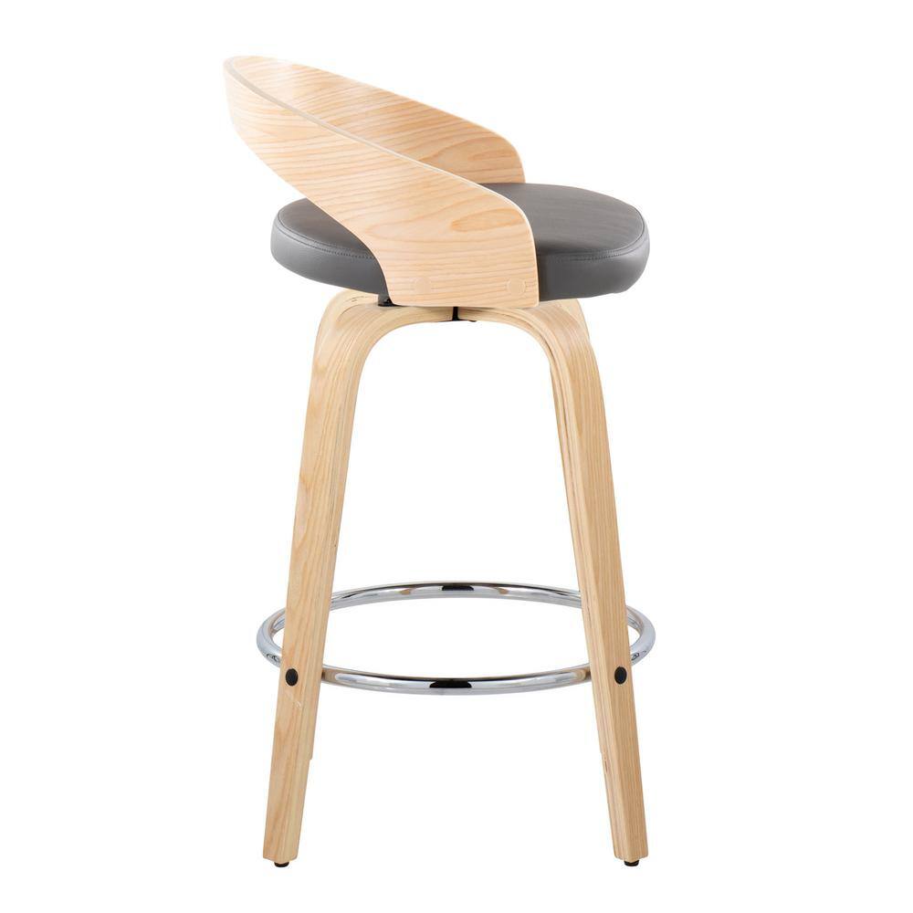 Natural Wood and Chrome Swivel Counter Stool with Grey Seat