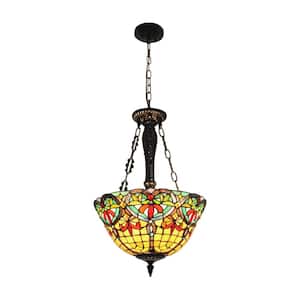 3-Light 15.7 in. Retro Elegant Style Pendant Light with Stained Glass Shade