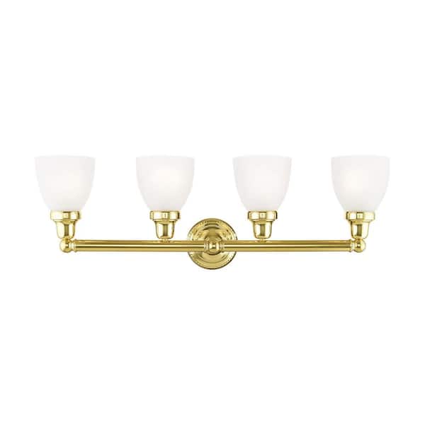 Livex Lighting Dorshire 30 in. 4-Light Polished Brass Vanity Light with Satin Glass