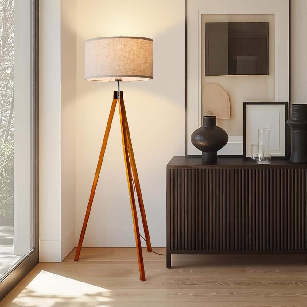 Havana Brown Tripod Floor Lamp with Beige Shade