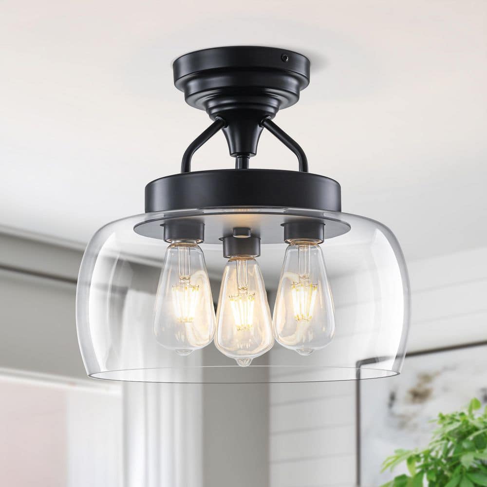 13.78 in. 3-Light Matte Black Clear Glass Drum Semi-Flush Mount Ceiling Light price history on PriceWatchPro