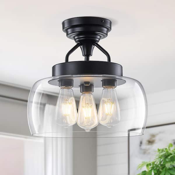 13.78 in. 3-Light Matte Black Clear Glass Drum Semi-Flush Mount Ceiling Light