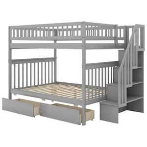 Gray Full Over Full Bunk Beds with 2 Drawers, Detachable Wood 2 Kids Bunk Bed Frame with Shelves and Staircases