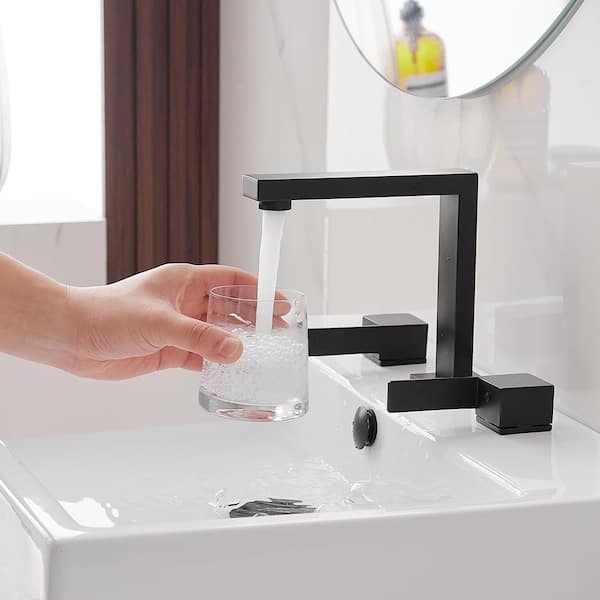 8 in. Widespread Double Handle Low Arc Bathroom Faucet with Drain Kit, Easy to Install, Drip Free in Matte Black