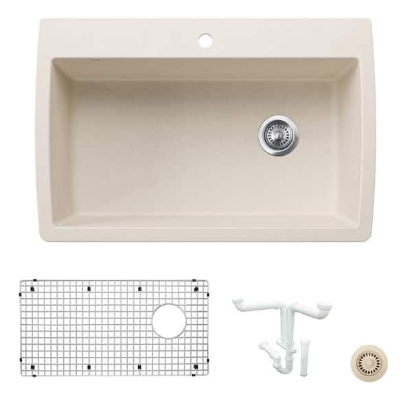 Blanco Diamond 33.5 in. Drop-in/Undermount Single Bowl Soft White Granite Composite Kitchen Sink Kit with Accessories