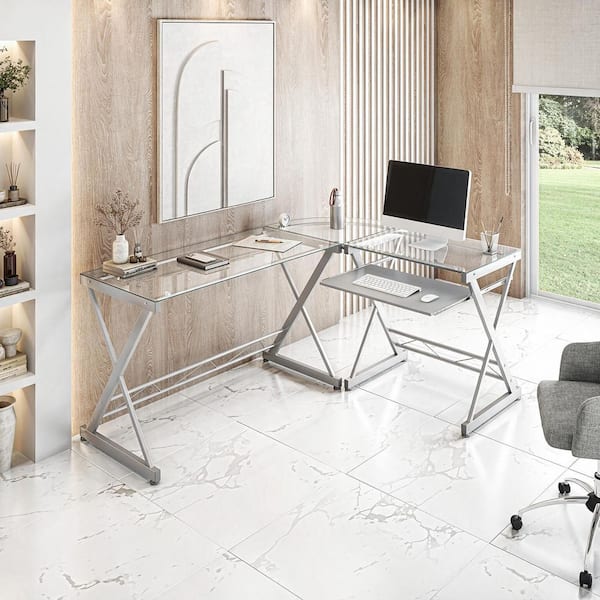 62 in. L-Shaped Clear/Chrome Computer Desk with Keyboard Tray