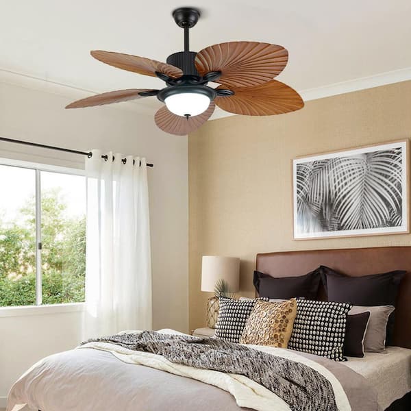 52 in. Integrated LED Indoor Black 5 Palm Leaf Shape Blades Ceiling Fan with Remote Control