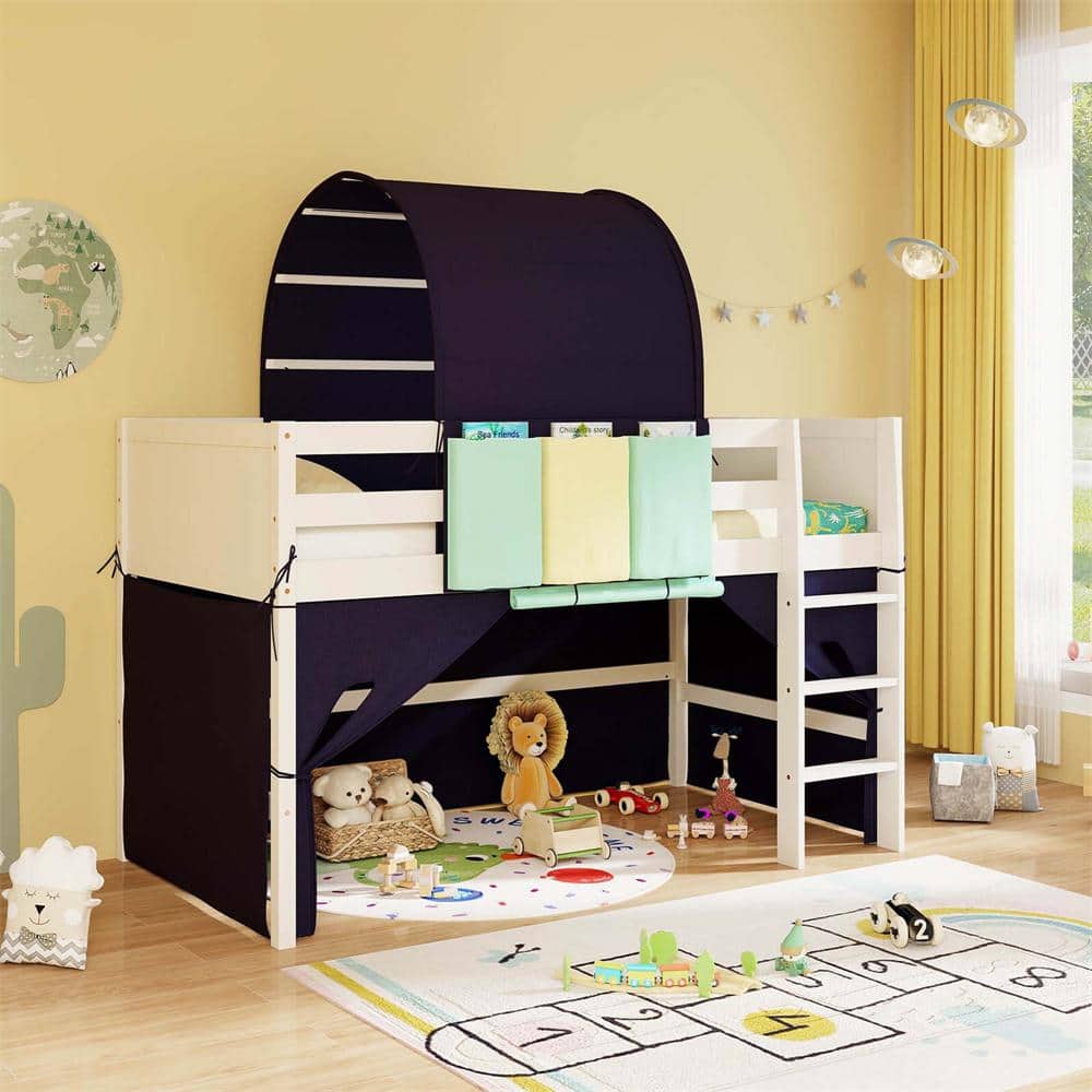 Navy Twin Loft Bed with Tower and Tent 3-Storage Pockets Safety Guardrail and Ladder