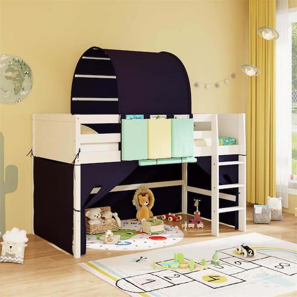 Costway Navy Twin Loft Bed with Tower and Tent 3-Storage Pockets Safety Guardrail and Ladder