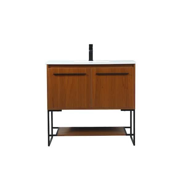 Unbranded Timeless Home 36 in. W Single Bath Vanity in Teak with Engineered Stone Vanity Top in Ivory with White Basin