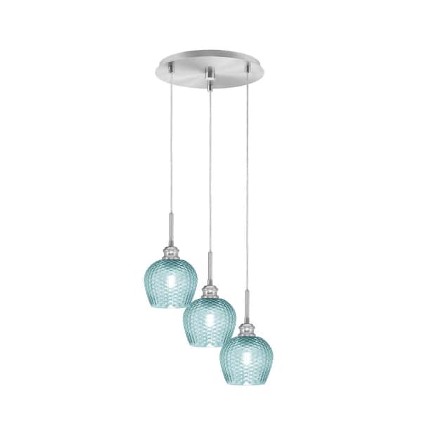 Unbranded Albany 60-Watt 13.5 in. 3-Light Brushed Nickel Cord Pendant Light Turquoise Textured Glass Shade