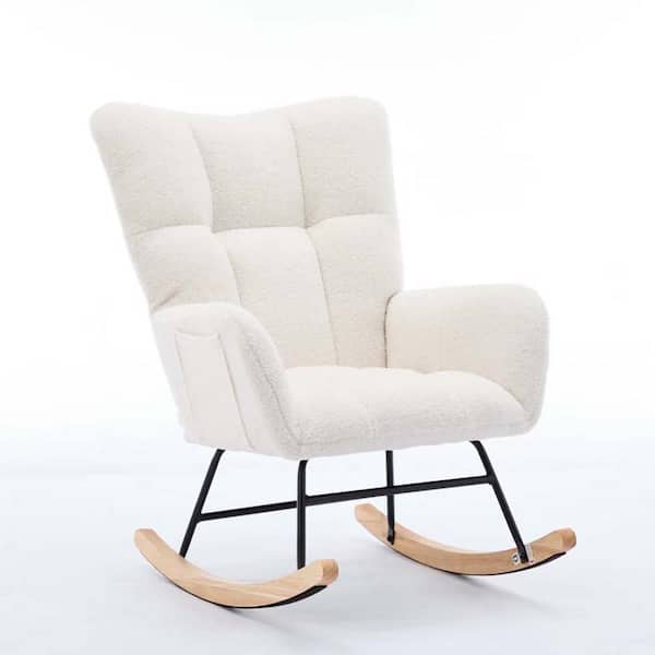 Tenleaf Black Metal Outdoor Rocking Chair with White Cushion, High Backrest, Solid Wood Legs