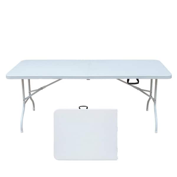 TIRAMISUBEST Camp Pro 29 in. White Rectangle Iron Picnic Table without Umbrella Hole​