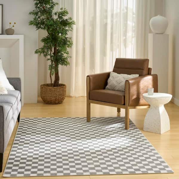 Serenity Home Ivory Grey 4 ft. x 6 ft. Checker Contemporary Area Rug