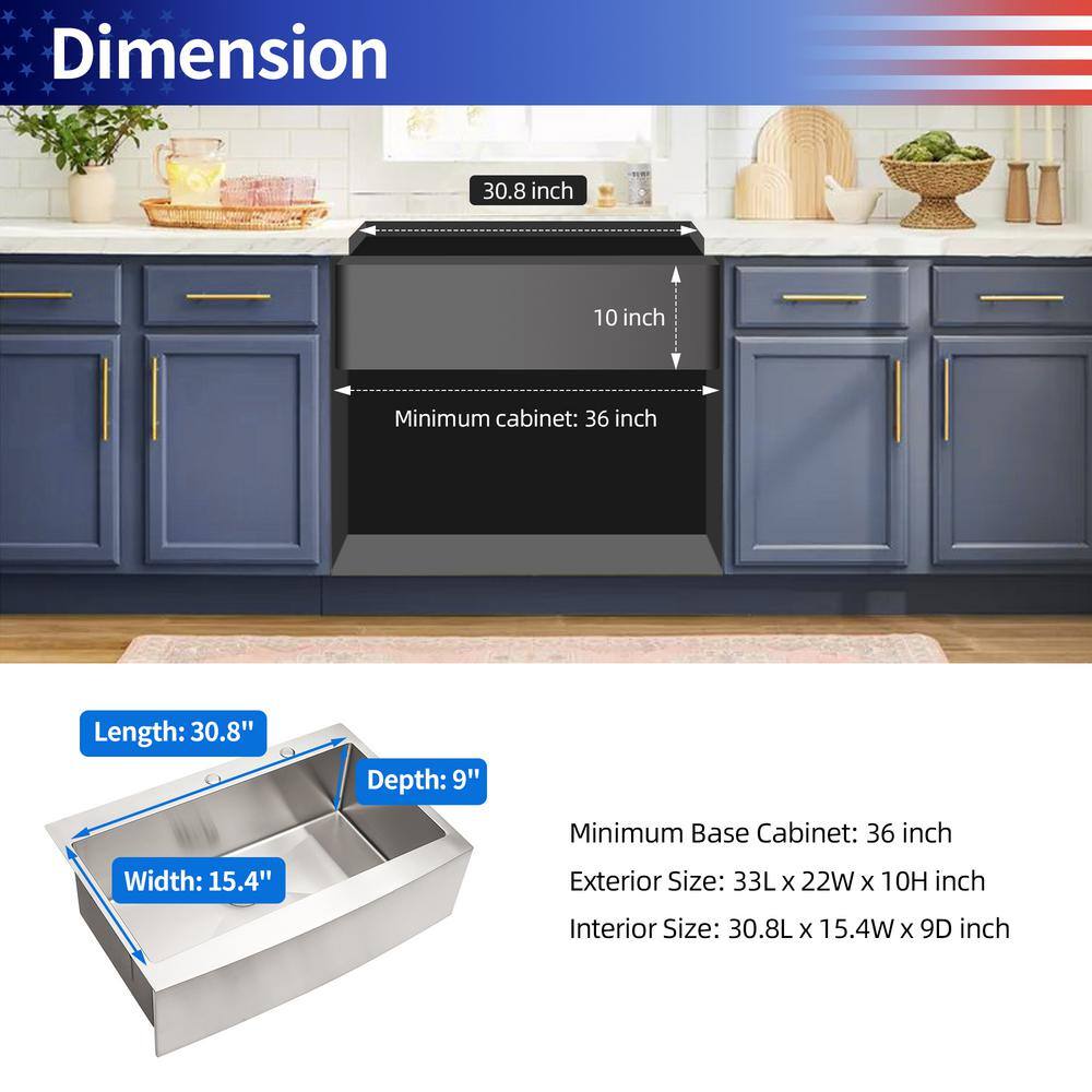 33'' Stainless Steel Farmhouse Apron Single Bowl Kitchen Sink