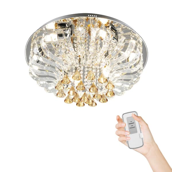 OUKANING 23.6 in. Chrome Luxury K9 Crystal Flush Mount 3-Colors LED Ceiling Light with Remote, for Living Room Bedroom